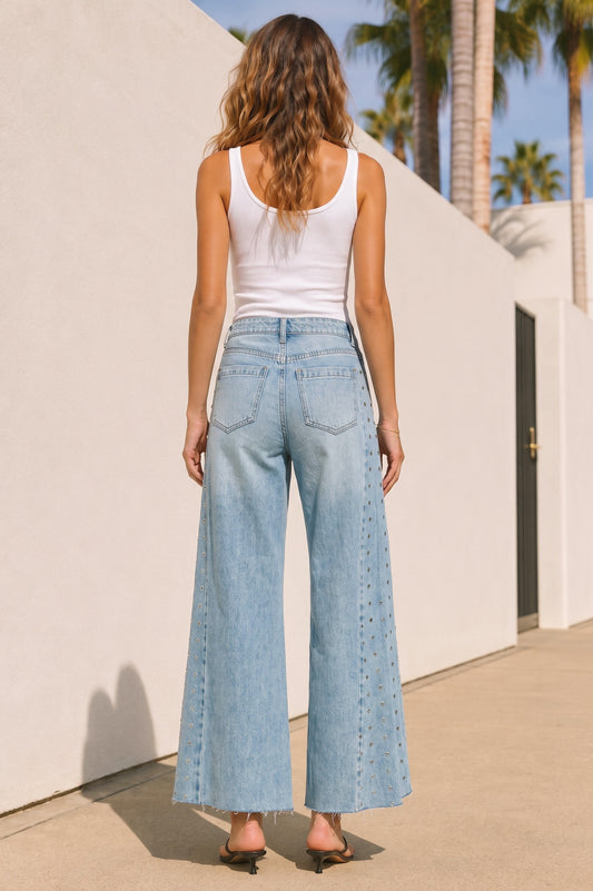 Rhinestone Wide Leg Denim Jeans