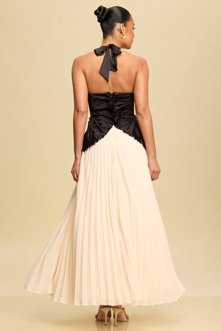 Noir & Champagne Pleated Halter Gown