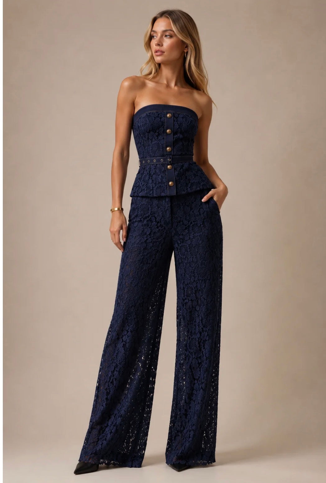 Navy Luxe Lace Pant Set