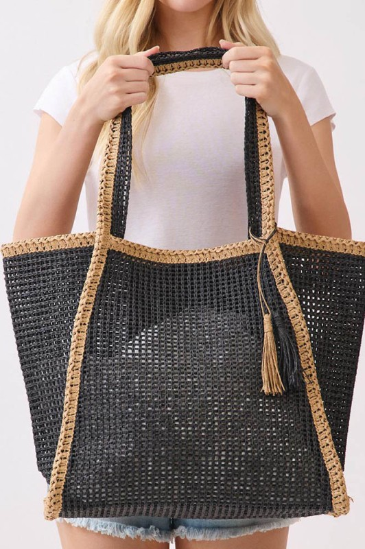 Tassel Two-Tone Woven Straw Tote