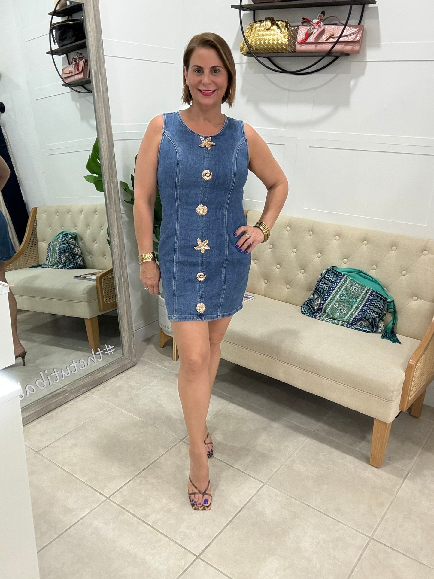Golden Charm Mini Denim Dress