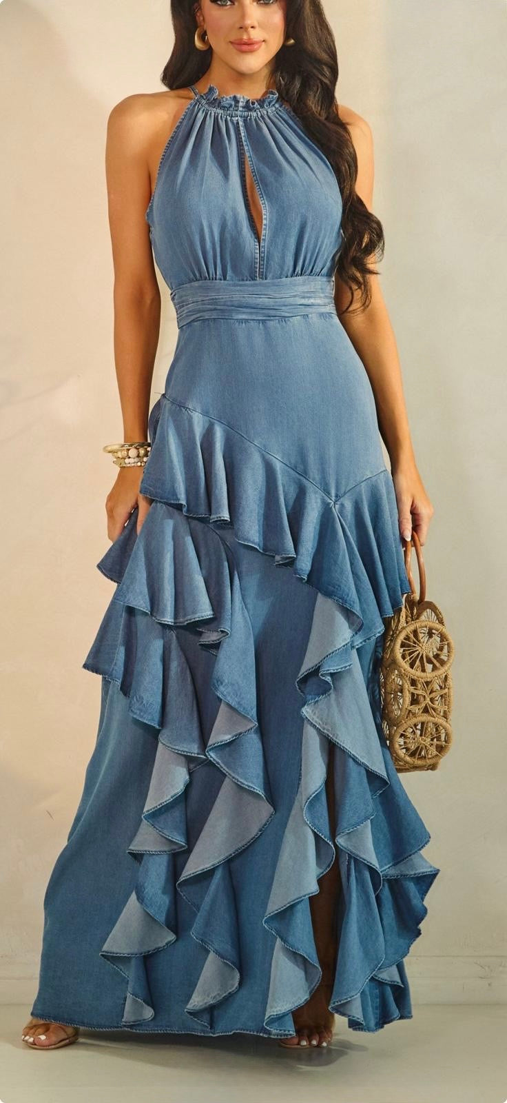Marina Cascade Denim Maxi