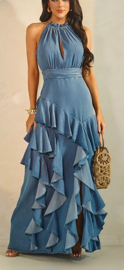 Marina Cascade Denim Maxi