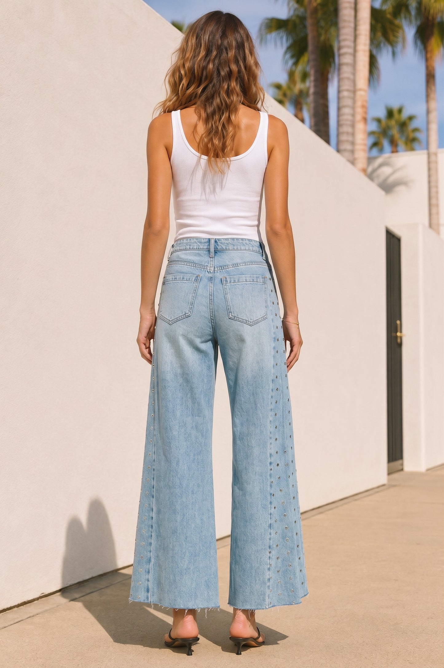 Rhinestone Wide Leg Denim Jeans