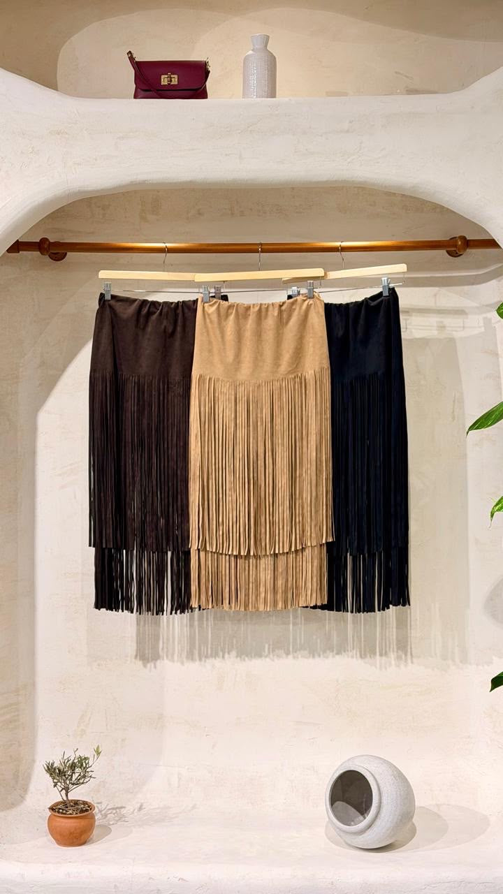 Suede Fringe Midi Skirt