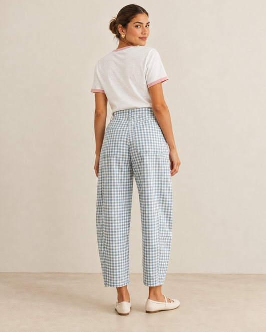 Mini Checker Pattern Barrel Pants