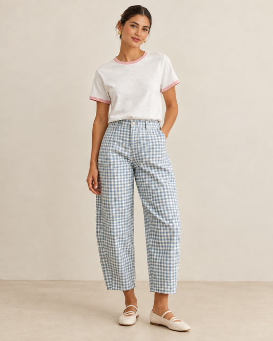Mini Checker Pattern Barrel Pants