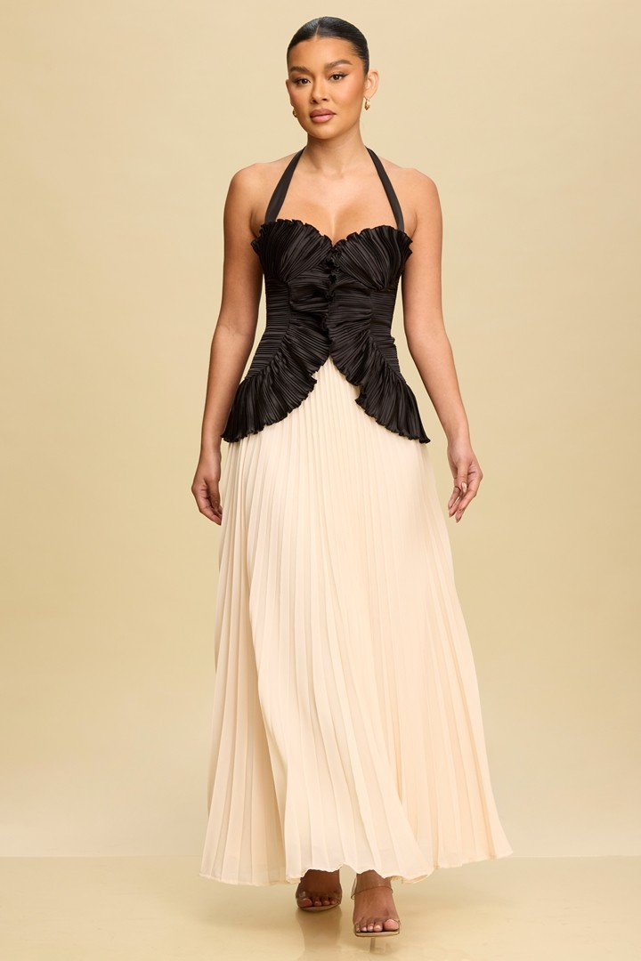 Noir & Champagne Pleated Halter Gown