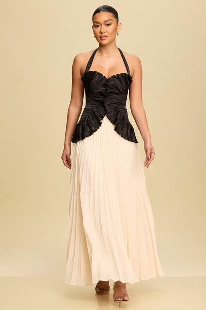 Noir & Champagne Pleated Halter Gown