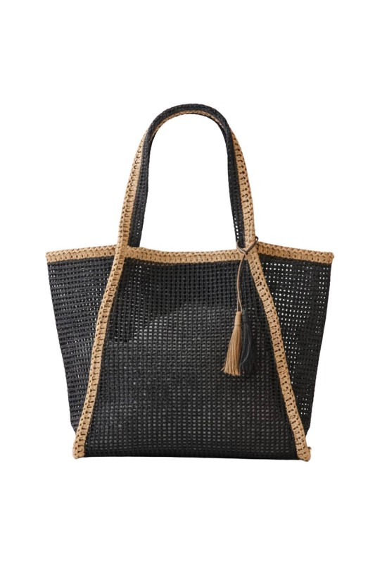 Tassel Two-Tone Woven Straw Tote