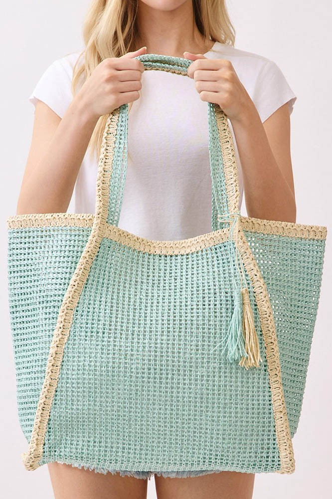 Tassel Two-Tone Woven Straw Tote