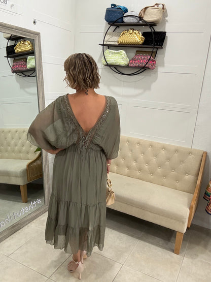 Olive Silk Midi Dress