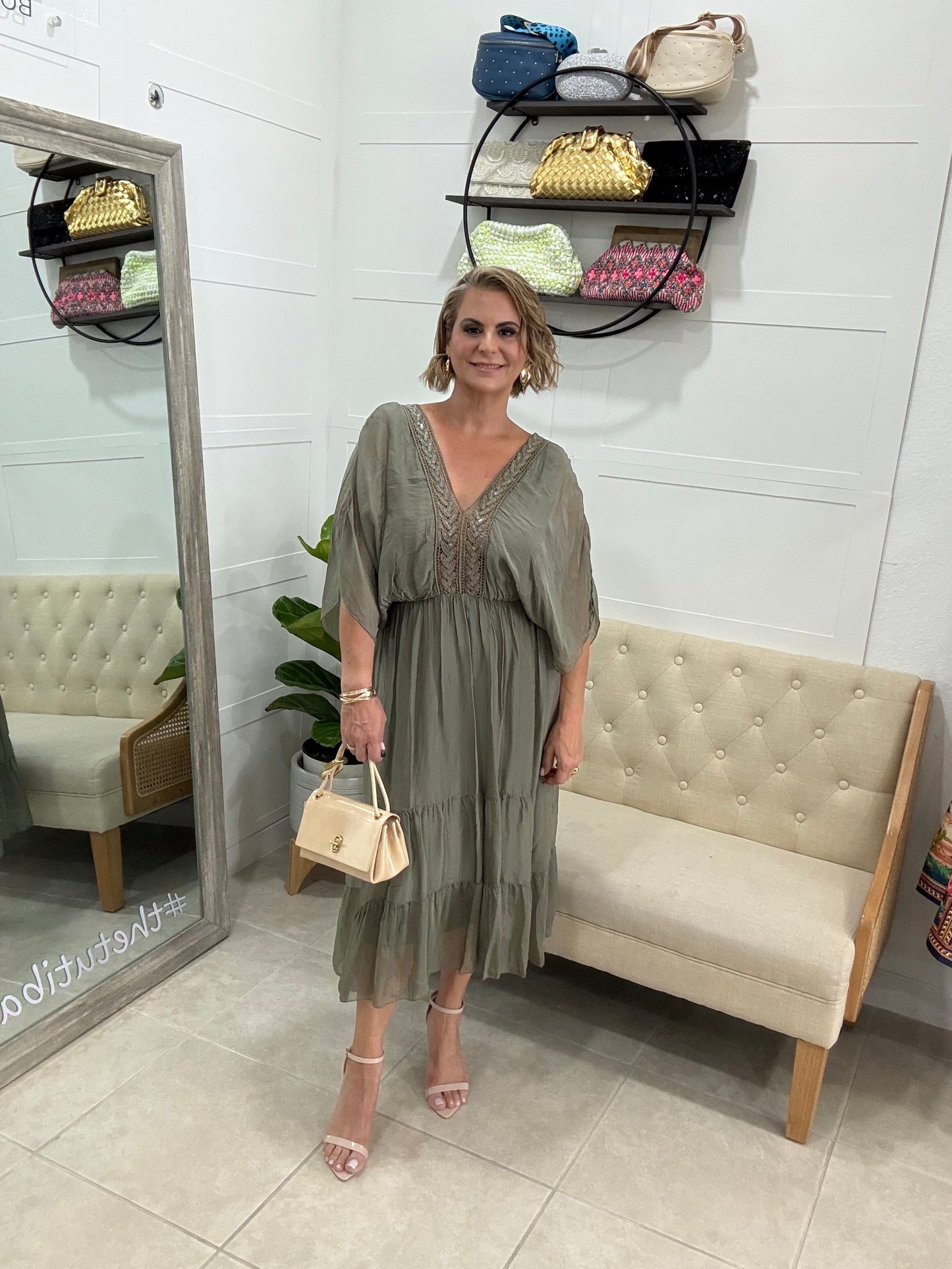 Olive Silk Midi Dress