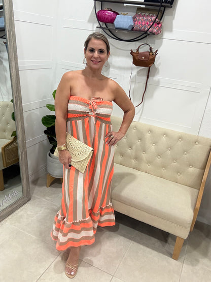 Colores Linnen Strapless Striped Maxi Dress