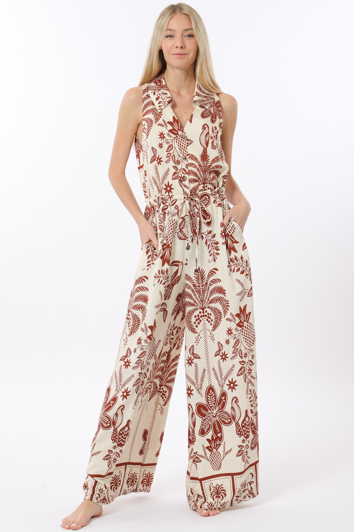 Tropical Print Sleeveless Wide-Leg Jumpsuit