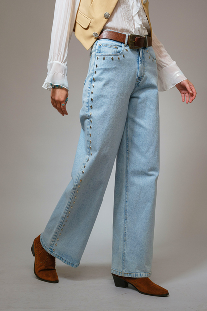 Western Diamond Studded Straight Leg Jeans
