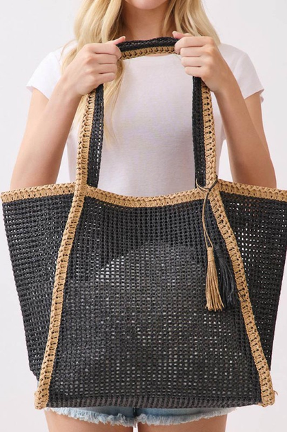 Tassel Two-Tone Woven Straw Tote
