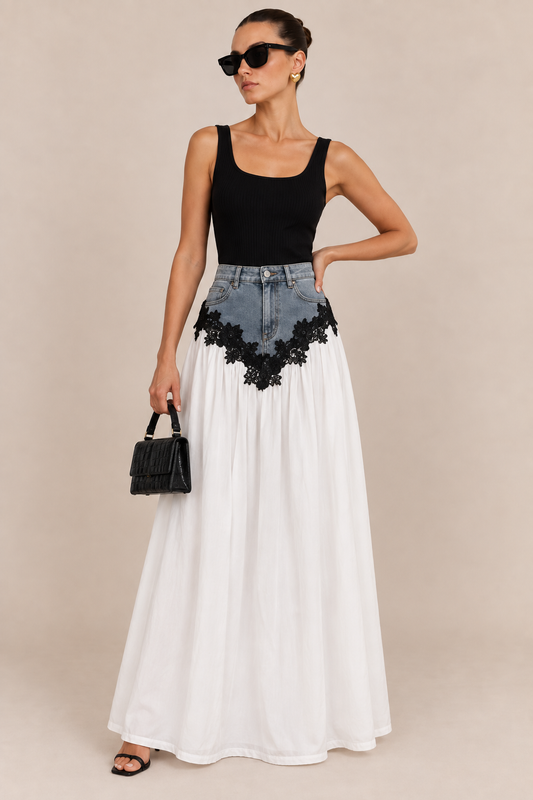 Denim Lace Maxi Skirt