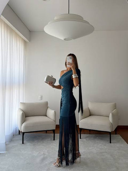 Teal Fringe Gown