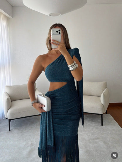 Teal Fringe Gown