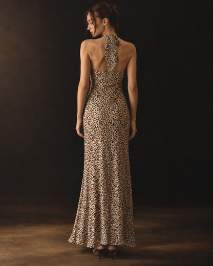 Leopard Print Cross Halter Maxi Dress