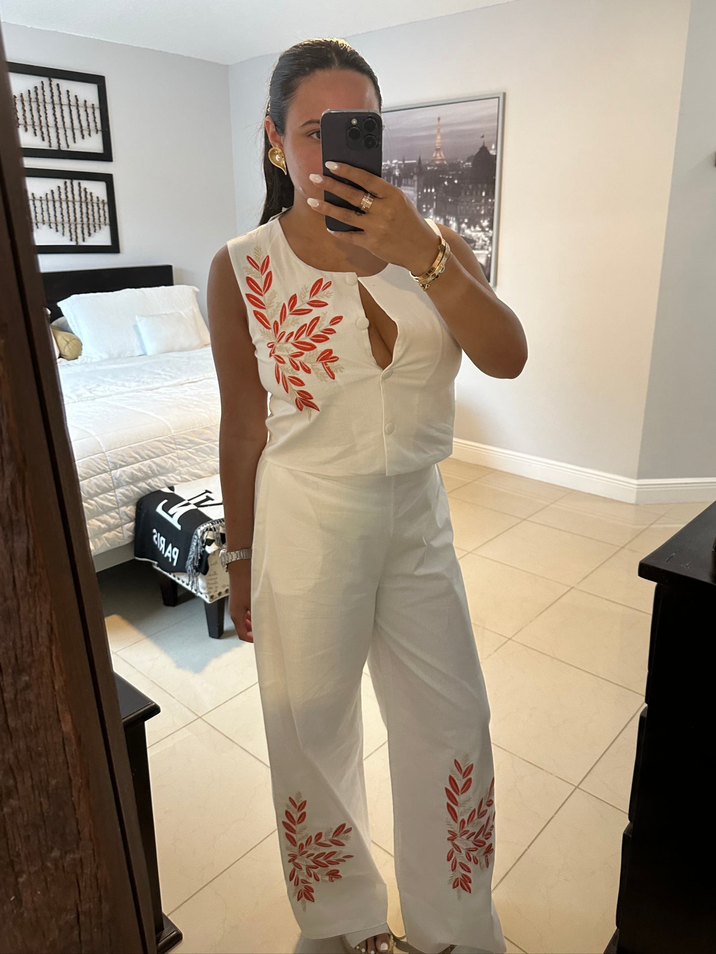 Monaco Leaf Embroidered Pant Set