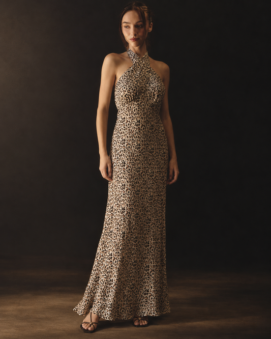 Leopard Print Cross Halter Maxi Dress