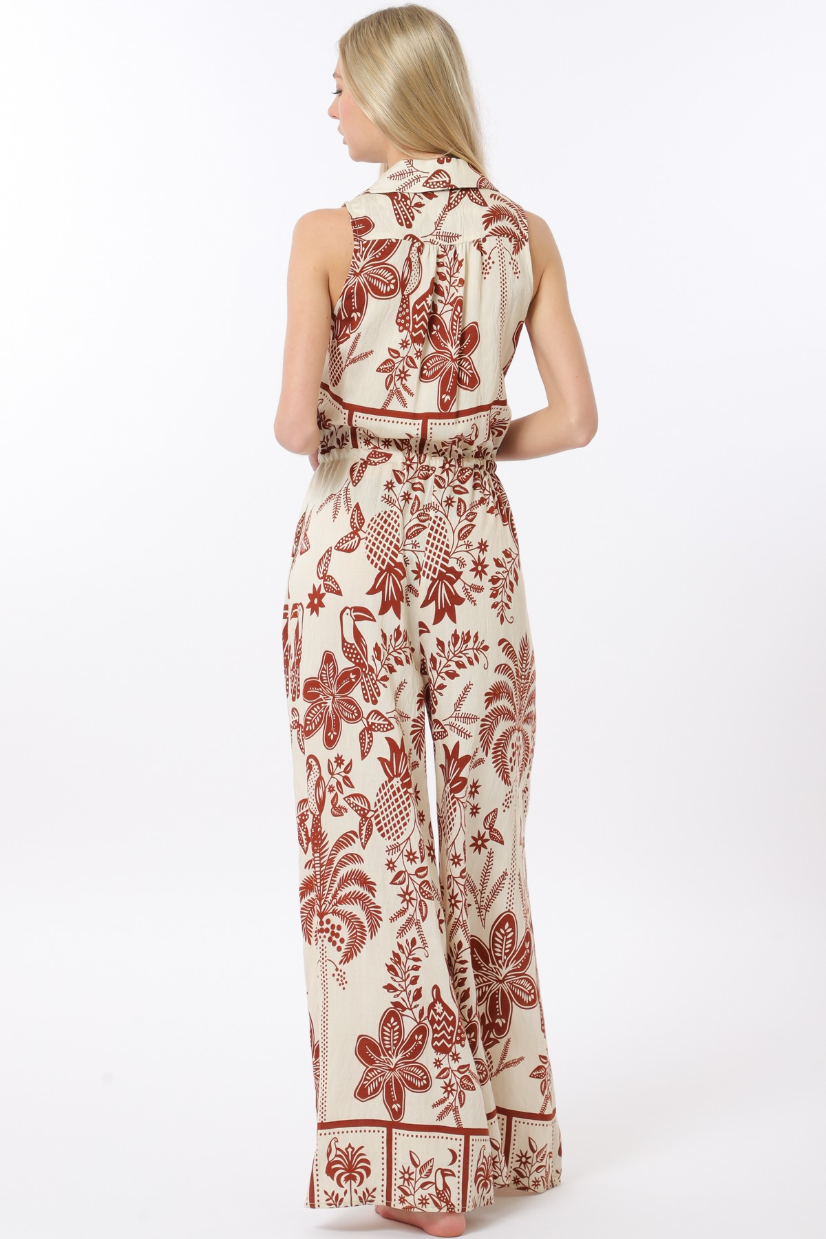 Tropical Print Sleeveless Wide-Leg Jumpsuit