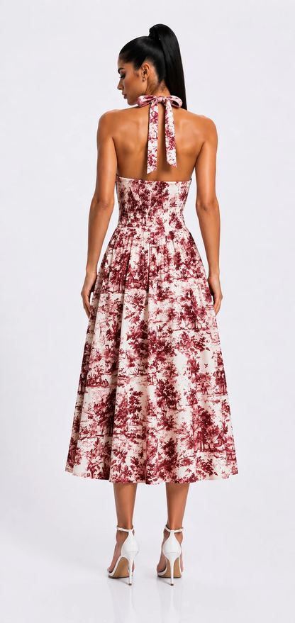 Vintage Garden Halter Sweetheart A-Line Midi Dress