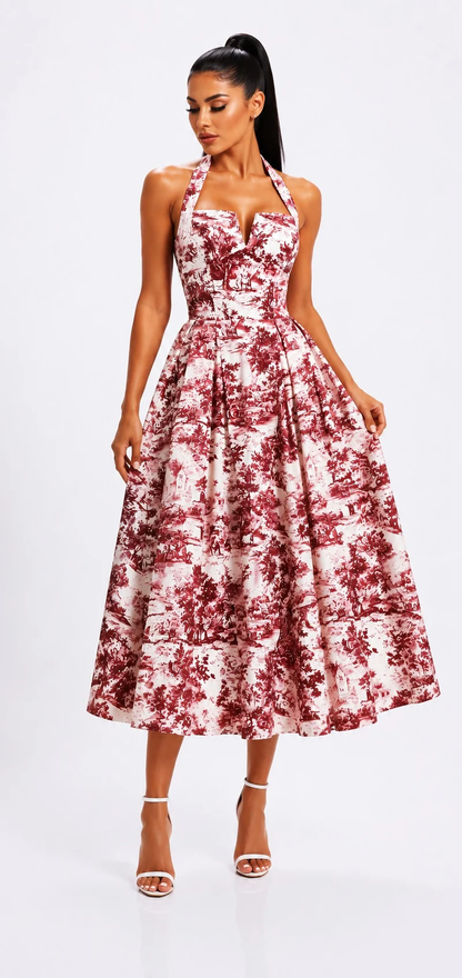 Vintage Garden Halter Sweetheart A-Line Midi Dress