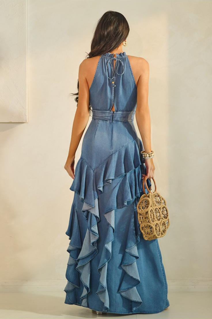 Marina Cascade Denim Maxi
